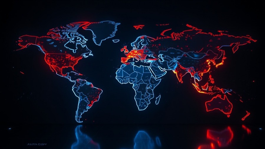 Digital world map with glowing neon blue and fiery red highlights, illustrating prophetic insights on global power change.