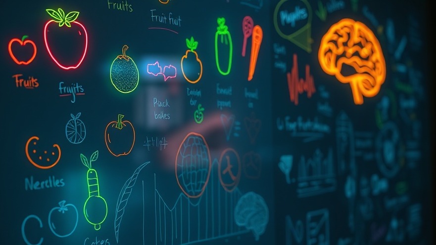Cinematic scene of a vibrant digital whiteboard illustrating spiritual health through fruits, vegetables, and brain diagrams.
