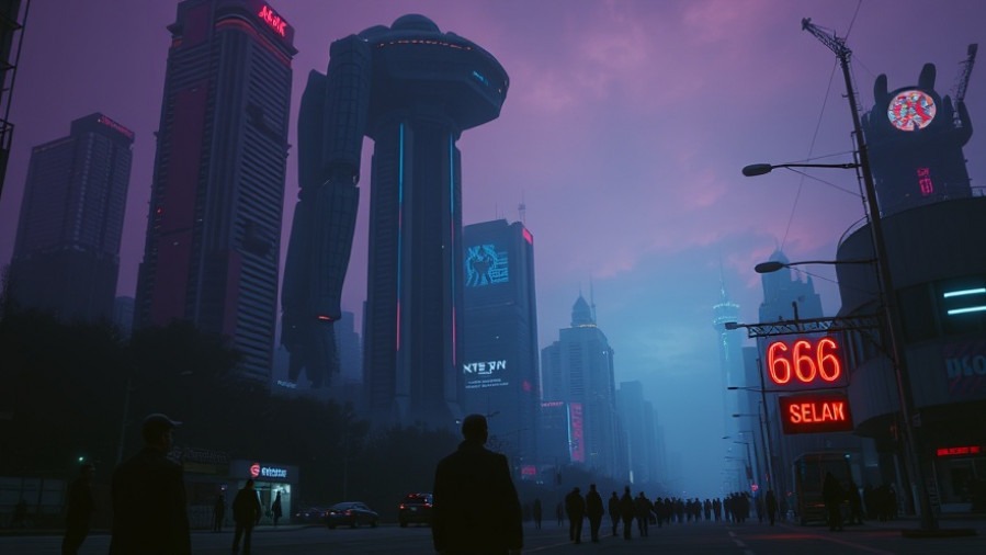 Futuristic cityscape depicting transhumanism, with neon lights and alarmed figures.