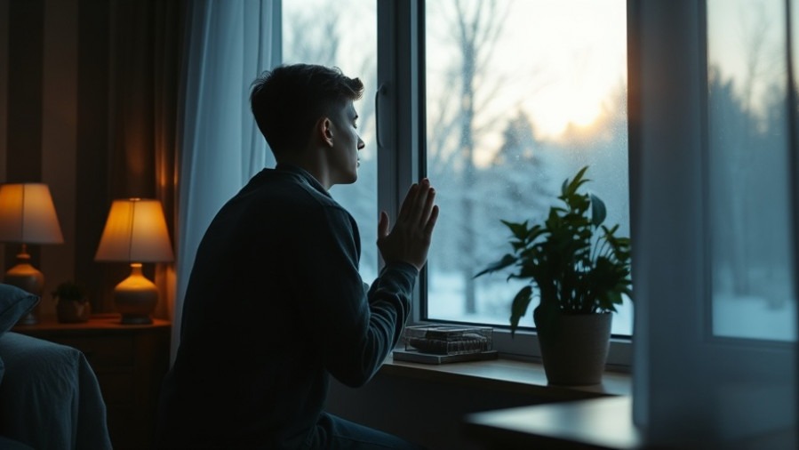 A young adult kneeling in daily prayer, inspired by Dutch Sheets, in a serene dawn setting.