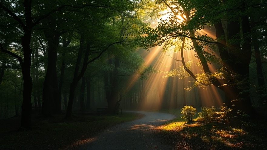 Enchanting forest pathway lit by sunbeams, evoking miracles and healings.
