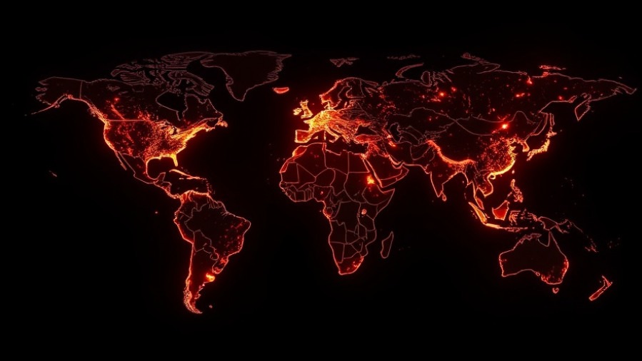 Dramatic digital world map in darkness, highlighting spiritual warfare insights with fiery continents.