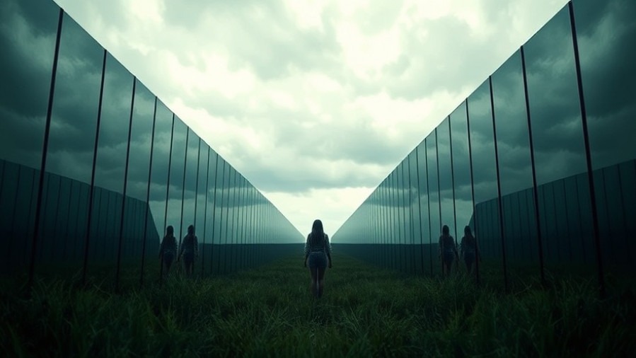 Young woman in mirrors reflecting spiritual forces and recurring patterns amidst a surreal landscape.