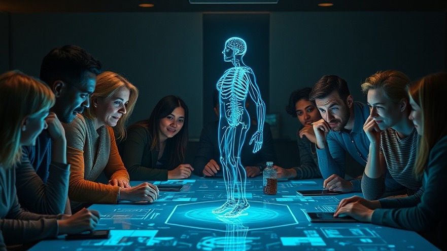 Group discussing spiritual discernment with holographic brain display, vibrant blue tech.