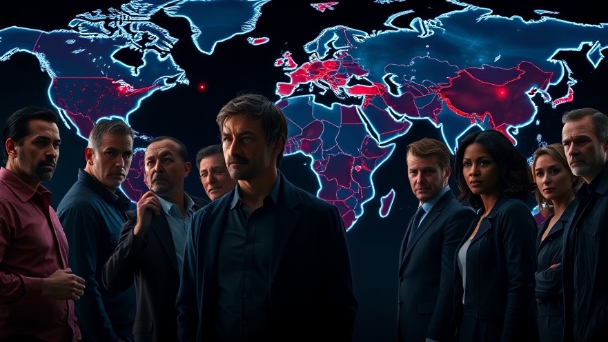 Diverse individuals focused on a glowing world map, highlighting global conflict and geopolitical tensions.