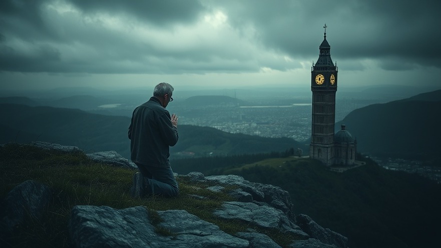 Old man kneeling in prayer on a cliff, embracing the Power of Prayer and personal breakthrough.