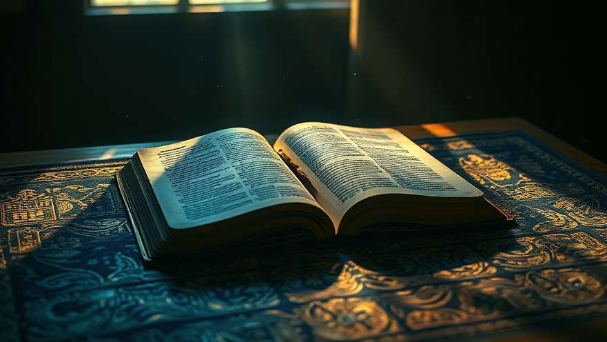Cinematic still life of an antique Bible on a glowing tapestry, evoking spiritual awakening.