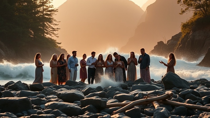 Diverse group rejoicing on rocky beach, embodying Christian transformation and grace empowerment.