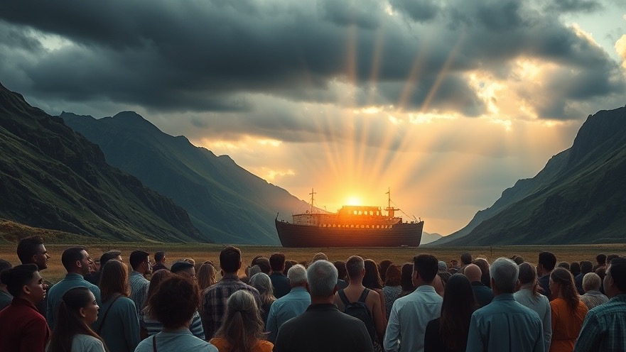 Rick Renner's revival scene captures spiritual awakening in a community, with awe-filled faces towards Noah's Ark.