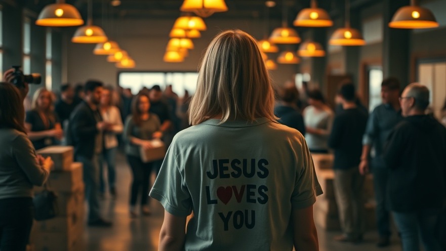 Blonde woman in 'Jesus Loves You' T-shirt at Mario Murillo's spiritual revival event.