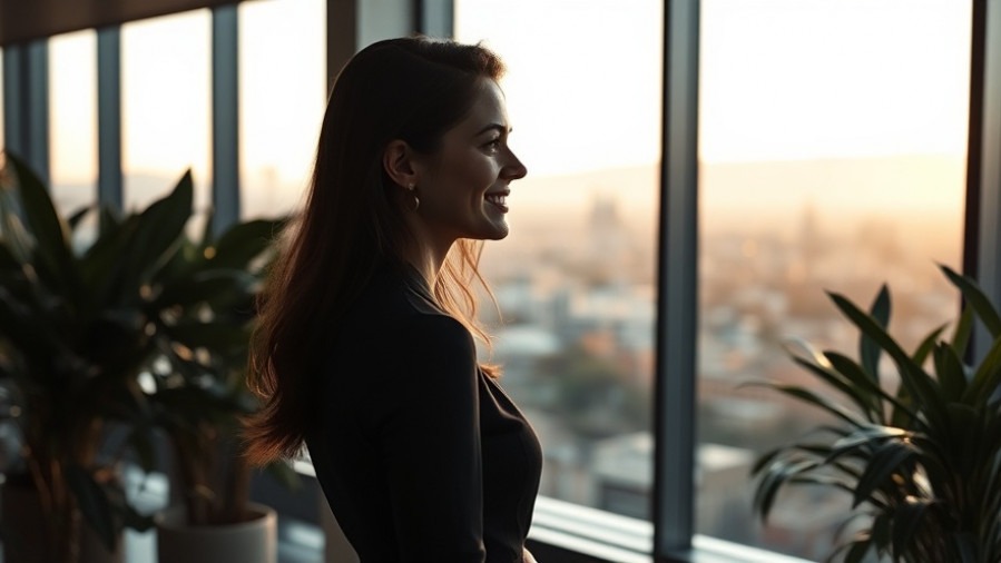 Patricia King embodies joy and calm in a cinematic modern office, reflecting spiritual warfare insights.