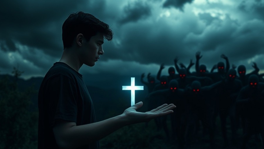 A young man stands resolute against a horde, showcasing spiritual warfare and victory over demons.