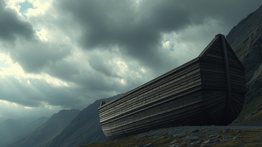 Cinematic image of a massive wooden ark symbolizing divine intervention against a dramatic mountain sky.