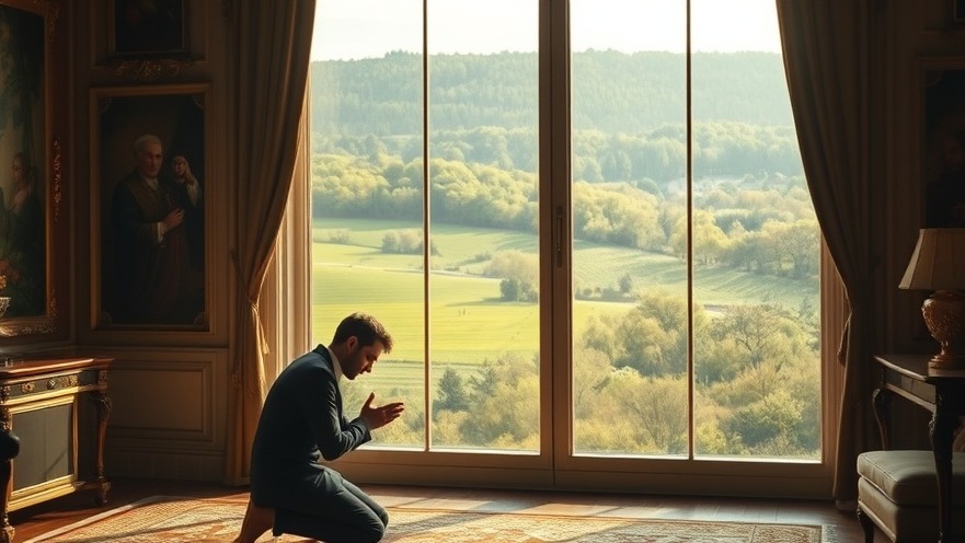 Young man in prayer, embodying spiritual warfare and miracles, beside a grand window.