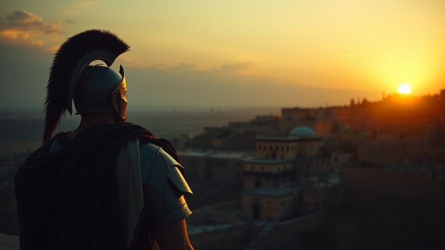 Roman soldier overlooking golden Israel at dawn, reflecting Nehemiah's journey.