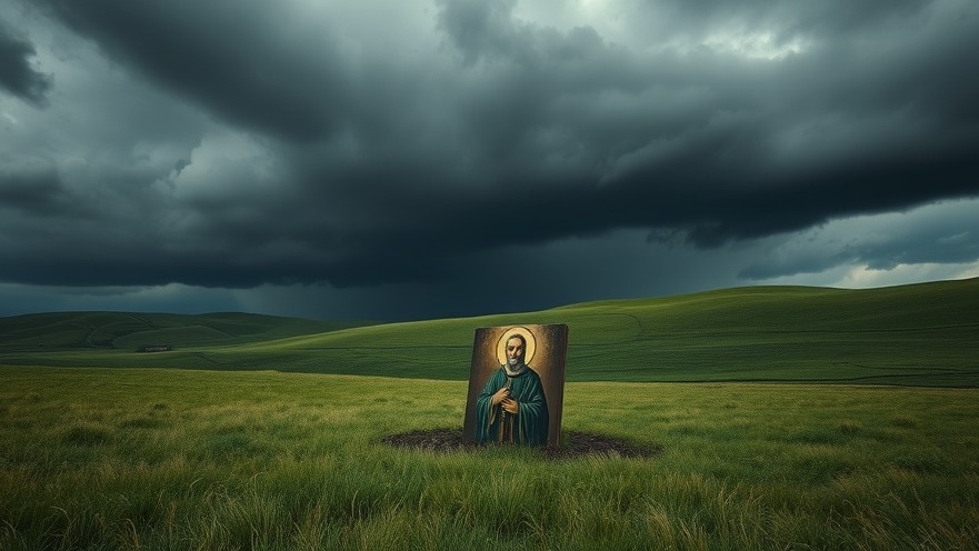 Saint Patrick painting in a stormy landscape, symbolizing Spiritual Warfare and personal breakthrough.