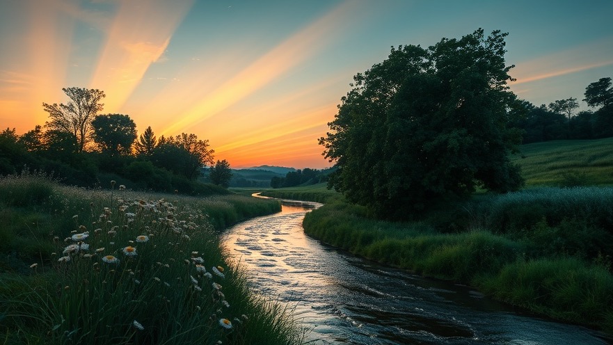 Beauty for ashes: a serene dusk scene with a glowing oil river and joyful wildflowers.