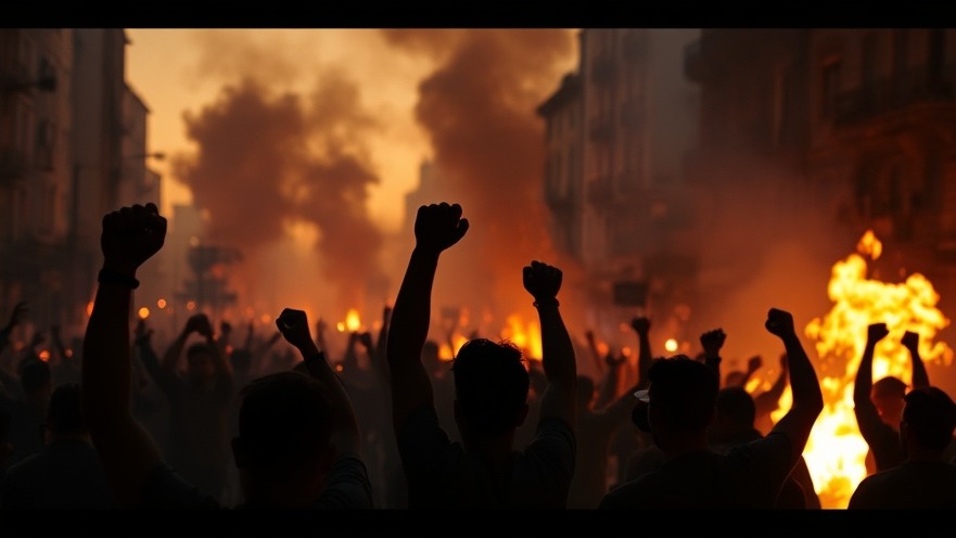 Cinematic urban riot with protesters amid fiery chaos, reflecting spiritual warfare themes.