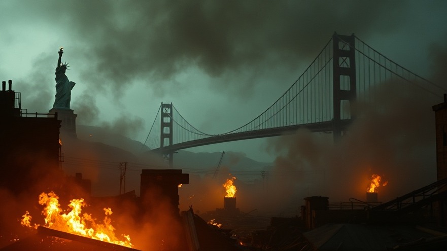 Dystopian scene blending smoke and fire with Statue of Liberty, echoing spiritual warfare themes.