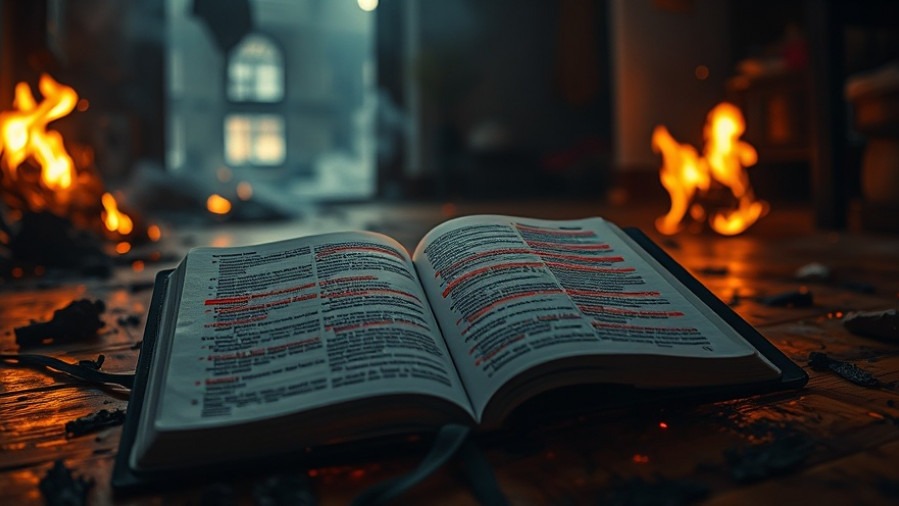 Spiritual breakthroughs amid fire: an open Bible shines in smoky chaos.