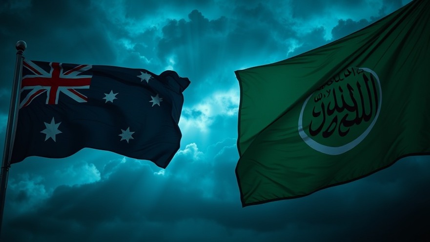 Cinematic scene of Australian and Islamic flags, reflecting cultural Christianity and revival.
