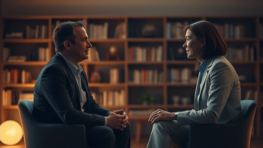 Two professionals in a warm studio set discussing grief recovery and emotional healing.