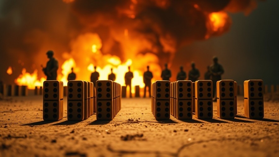 Cinematic scene of dominoes leading to military personnel, highlighting Global Volatility and Spiritual Warfare.