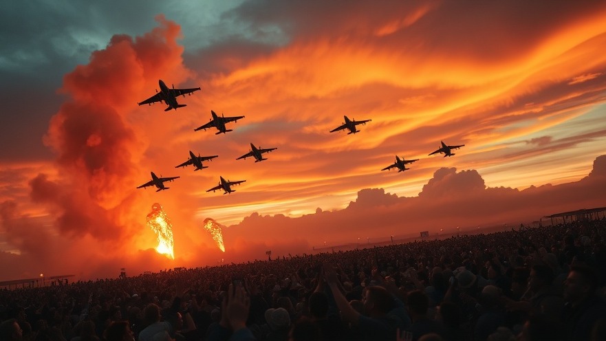 Military jets soar in fiery action, igniting spiritual warfare fervor among cheering crowds.