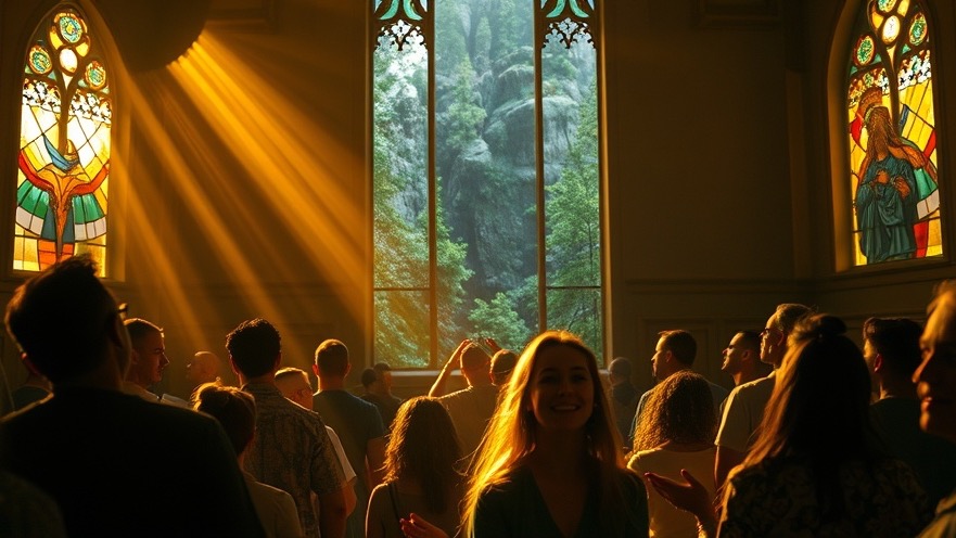 Diverse worshippers in a dim church, embracing healing and prophetic ministry.