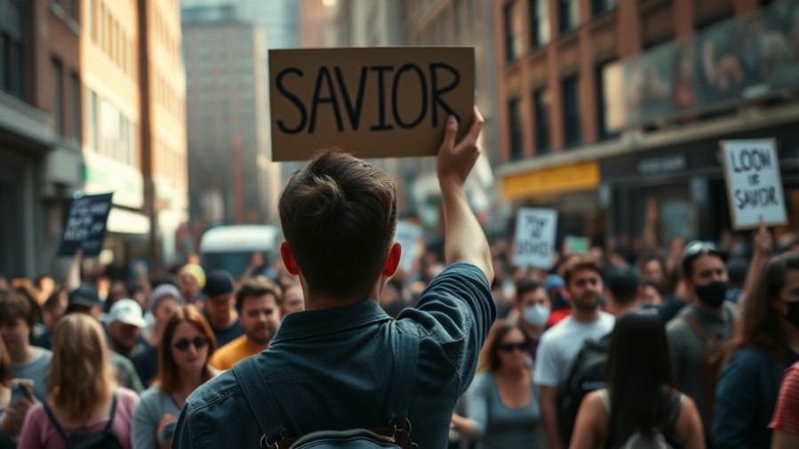 Young man at protest holding 'SAVIOR' sign, embodying Christian courage and spirit-filled living.