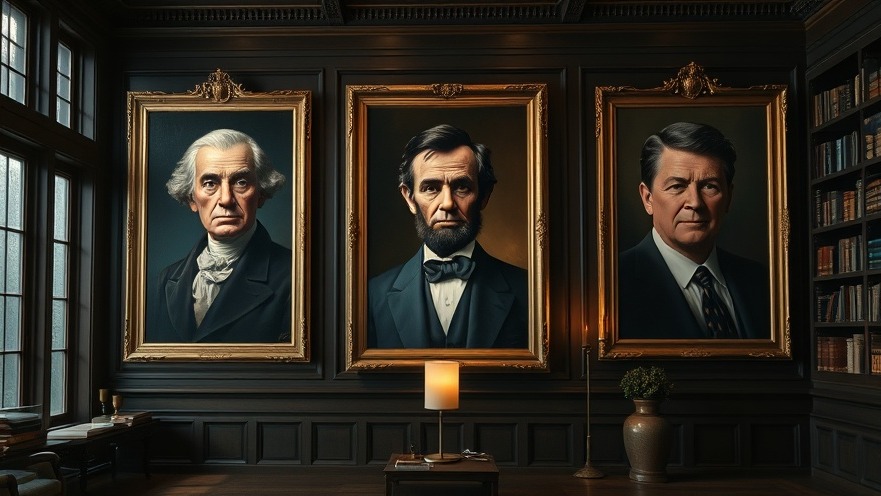 Classical portraits of Washington, Lincoln, Reagan in a grand study; power of prayer ambiance.
