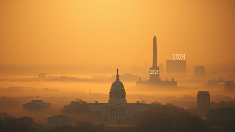 Cinematic dawn over D.C. with Capitol, White House, and '2028' display, evoking prophecy.