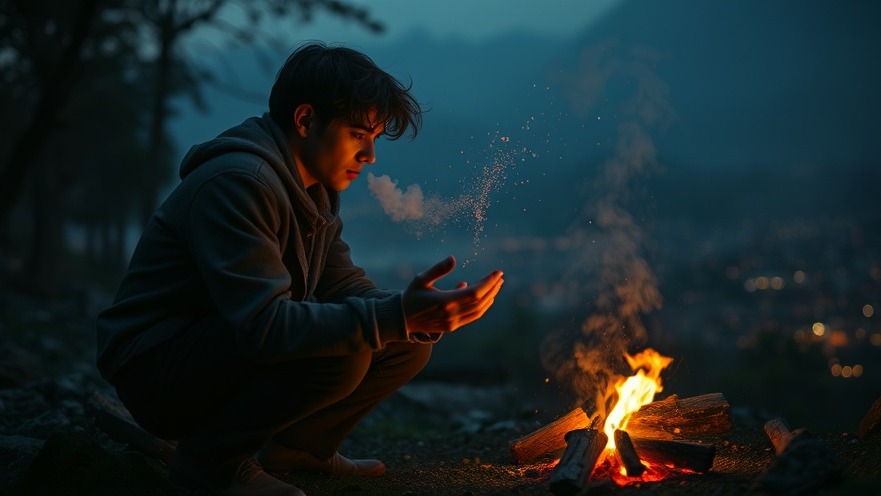 A young man fans glowing embers, embodying the Power of Prayer in a serene dawn.