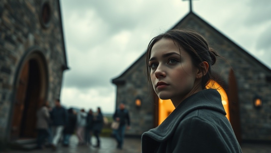 Young woman in contemplation outside church, embodying spiritual warfare and revivalist movement.