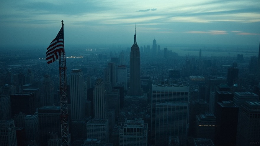 Cinematic urban skyline at dusk with American flag, reflecting prophetic messages.