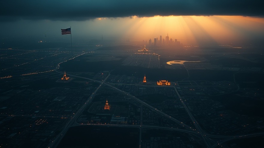 Aerial view of the U.S. showcasing spiritual warfare themes through iconic landmarks.