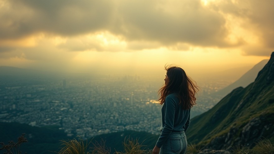 A young woman experiences spiritual awakening, gazing at a vibrant city below.