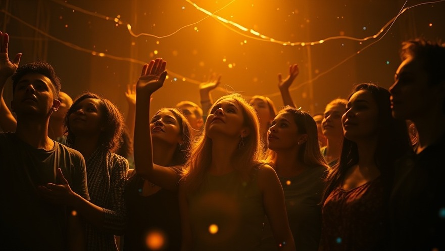 Diverse group embodying prosperity gospel, unity, and hope in a cinematic, cyber-inspired setting.