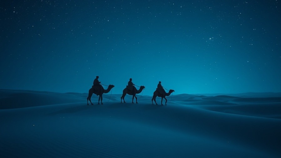 Three wise men on camels in a serene desert at night, symbolizing spiritual warfare and revival.