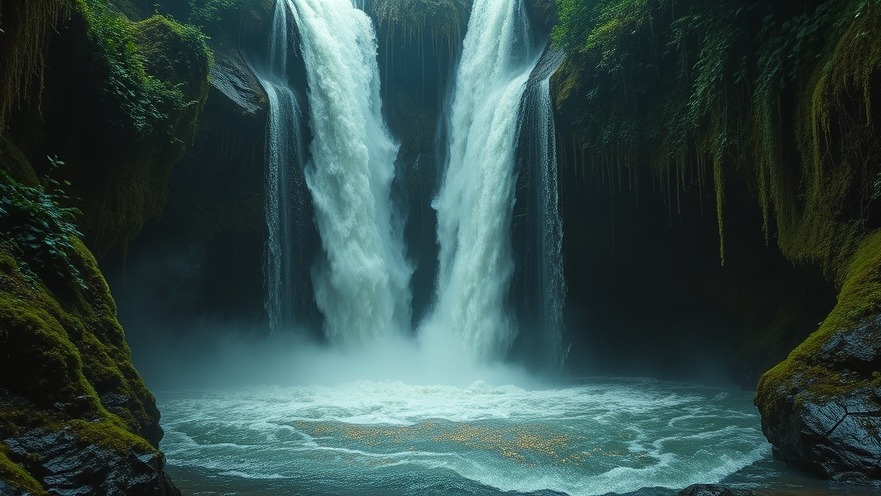 Cinematic scene of a powerful waterfall symbolizing supernatural awakening and divine influence.