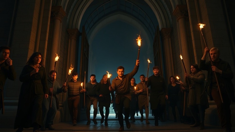 Determined faith-driven conservatives confront censorship at night, symbolizing religious freedom.