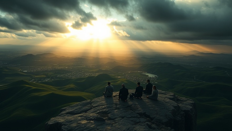 Spirit-filled Christians praying on a cliff, embracing the power of prayer amidst a moody landscape.
