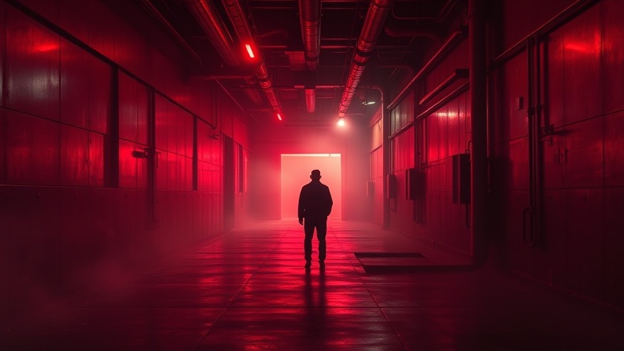 Lone figure in red-lit industrial hallway, embodying moral surrender amidst cultural pressures.