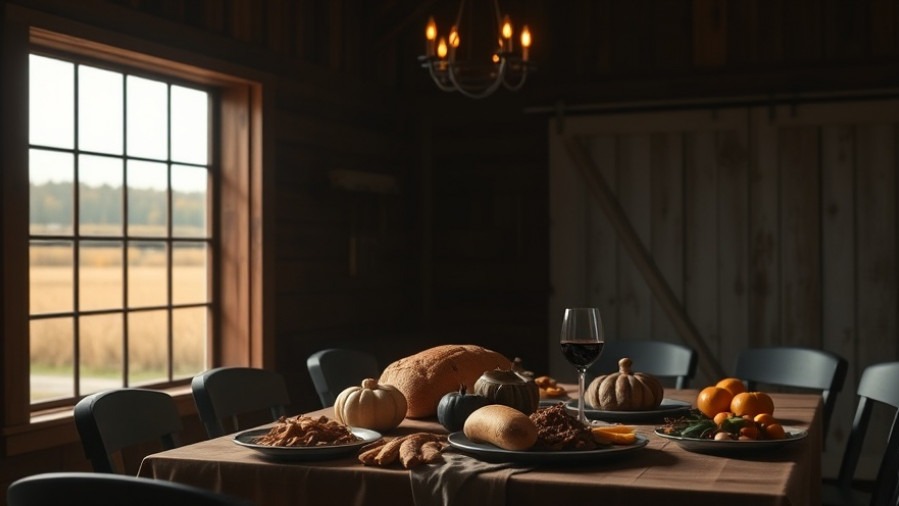 A cozy barn house table with Thanksgiving food, symbolizing grace and communal thanksgiving.