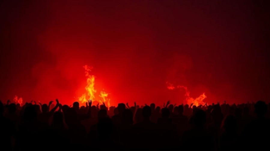 Silhouetted crowd in fiery scene, embodying faith amidst tribulation.