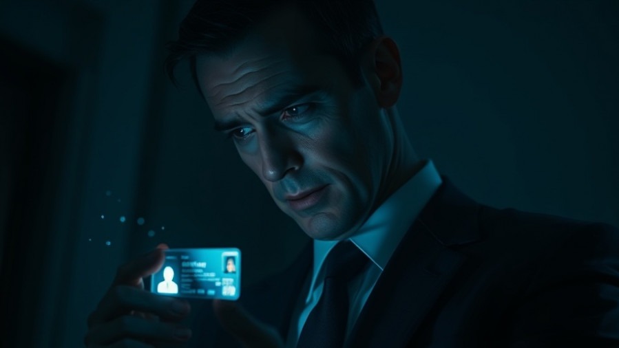 Adult studying glowing ID card amid Venezuela tensions and underground satanic networks.