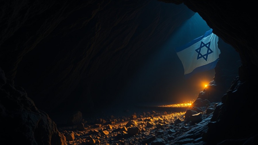 Cinematic cave with Israel flag elements, evoking prophecy and spiritual warfare.
