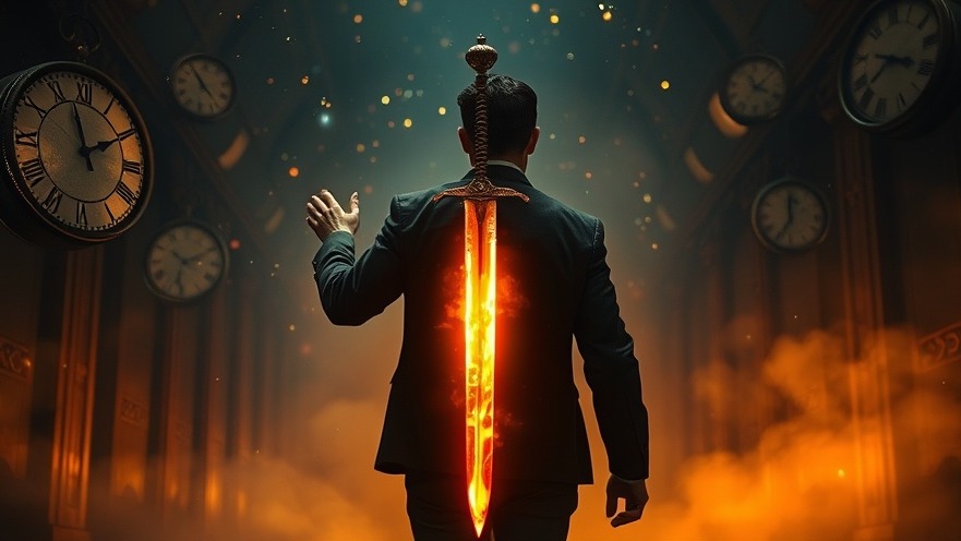 A man exuding spiritual empowerment and faith in action, with a glowing sword in a mystical scene.