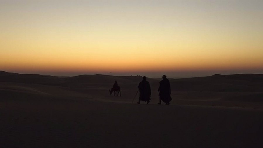 Magi on spiritual journeys across a desert at sunset, guided by divine insights.