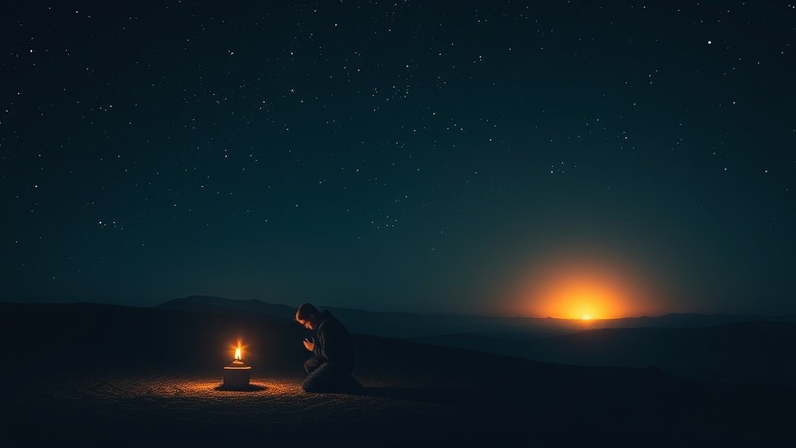 A solitary figure kneels in night prayer, illuminated by a glowing lamp as dawn breaks.